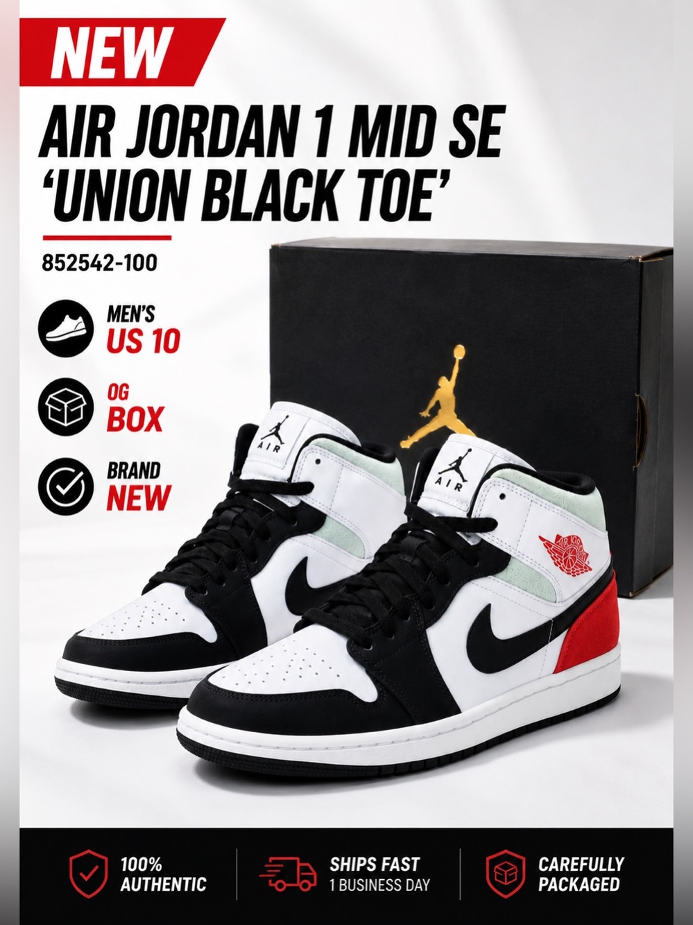 Air Jordan 1 Mid SE Union Black Toe 852542-100 Men’s US 10 NEW